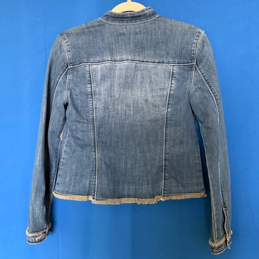 JW Style Y2K Frayed Edge Collarless Denim Jacket Size Small NWT